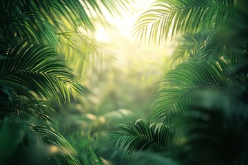 Blur background of dense tropical jungle with palm trees. Realistic 3D render of an exotic forest. Wilderness exploration and tropical flora concept. generative ai