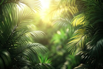 Blur background of dense tropical jungle with palm trees. Realistic 3D render of an exotic forest. Wilderness exploration and tropical flora concept. generative ai
