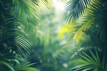 Fototapeta premium Blur background of dense tropical jungle with palm trees. Realistic 3D render of an exotic forest. Wilderness exploration and tropical flora concept. generative ai