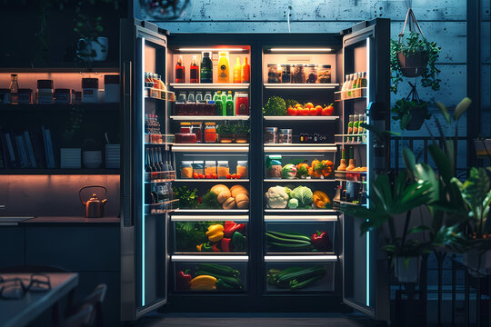 A vibrant, well-stocked refrigerator filled with colorful fruits, vegetables, and beverages, creating a refreshing and inviting kitchen atmosphere.