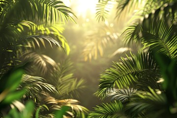 Blur background of dense tropical jungle with palm trees. Realistic 3D render of an exotic forest. Wilderness exploration and tropical flora concept. generative ai
