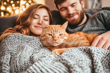 happy young couple and ginger cat lying on the sofa, covered with a blanket