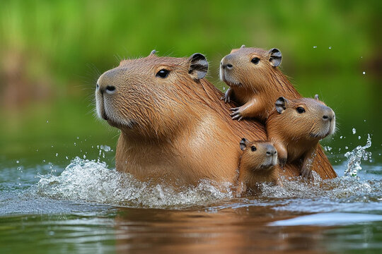 Capybara family happily playing in the water
