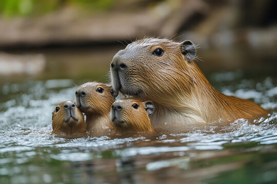 Capybara family happily playing in the water
