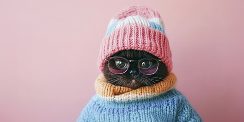 A fashionable cat wearing a colorful knitted hat and oversized glasses stands against a pastel pink backdrop, showcasing its unique style and playful personality during a cozy indoor moment
