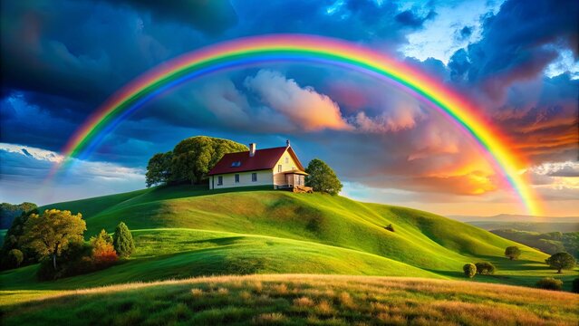 A picturesque landscape with a house nestled on a rolling green hill, bathed in the glow of a vibrant rainbow arcing across the sky after a passing storm.