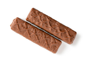Chocolate bars isolated on white background. Top view
