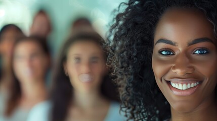 Fototapeta premium Smiling Woman with Blurred Group Background, Highlighting Diversity and Team Spirit