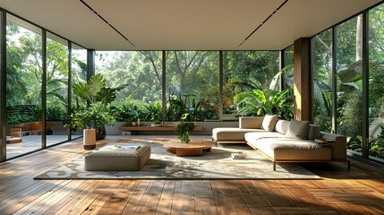 A spacious modern living room, with sleek furniture and green plants accentuating the luxury, large windows casting soft light on the wooden floor