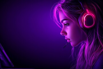 Fototapeta premium Profile of a woman in a purple glow looking at a tablet symbolizing focus tech driven creativity and modern work environments in a dimly lit digital space