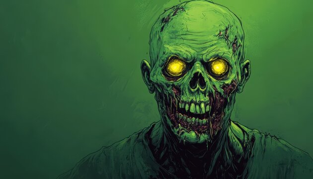 A vibrant illustration of a zombie character with glowing eyes.