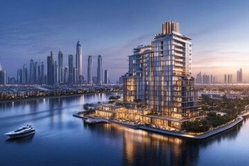 Fototapeta premium BVLGARI LIGHTHOUSE, Dubai, Luxury Apartments.generative ai