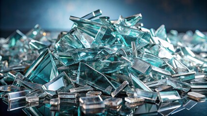 A close-up view of a pile of broken glass shards, glistening with a variety of hues and reflecting the light in a captivating display of fragmentation