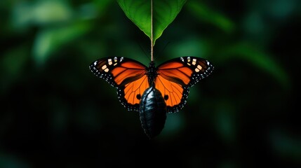 Fototapeta premium Beautiful orange butterfly hanging from a green leaf in a lush environment.