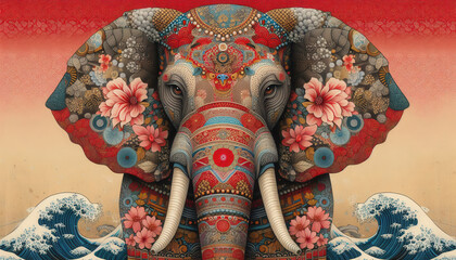 Naklejka premium 日本画（Japanese painting）／象（Elephant） 浮世絵 イラスト