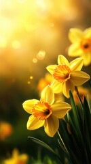 Obraz premium Beautiful yellow daffodils in soft sunlight, evoking springtime freshness.
