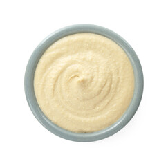 Delicious hummus in bowl isolated on white, top view