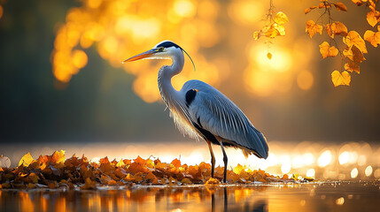 A heron standing on autumn leaves by the water, with golden hour lighting