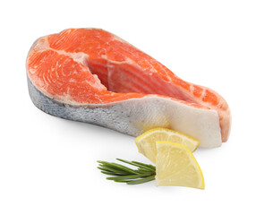 Fresh salmon steak, lemon and rosemary isolated on white