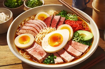 A hearty bowl of ramen featuring rich broth, a soft-boiled egg, sliced pork, noodles, and fresh vegetables, bringing together authentic Japanese flavors.