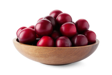 Fresh ripe plums in bowl isolated on white