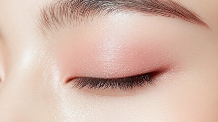 Obraz premium Close-up of an elegant closed eye with soft makeup on a white isolated background.