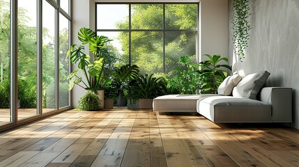 A spacious modern living room, with sleek furniture and green plants accentuating the luxury, large windows casting soft light on the wooden floor