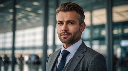 Portrait of a handsome businessman looking out of a glass wall at an airport