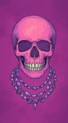 Colorful pink skull with a decorative necklace on a vibrant background.