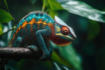 Obraz premium Colorful Chameleon Perched On Branch In Tropical Forest .generative ai
