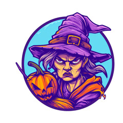 A witch with a fierce expression, wearing a purple hat and holding a pumpkin.