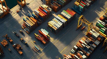 Obraz premium Aerial View of a Busy Shipping Container Yard with Cranes and Cargo Ships