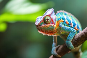 Obraz premium Colorful Chameleon Perched On Branch In Tropical Forest .generative ai