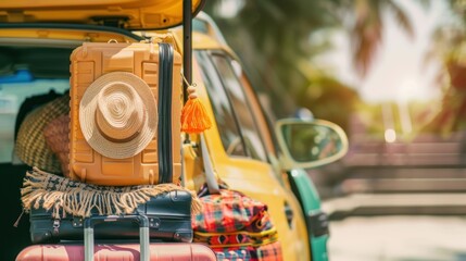 family summer vacation preparation, background of preparing suitcases in the car, weekend vacation