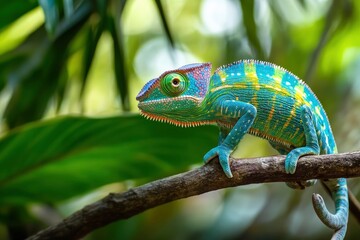 Fototapeta premium Colorful Chameleon Perched On Branch In Tropical Forest .generative ai