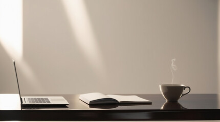 A simple, modern workspace with a laptop, notebook, and single coffee cup on a clean desk, surrounded by white space