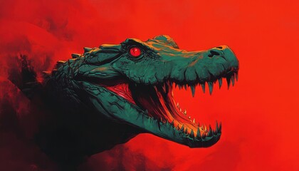 Fototapeta premium Dramatic dinosaur head emerging from a fiery red background, artistic and intense.