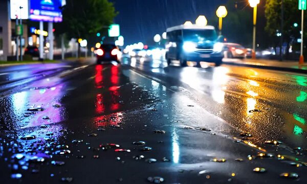 Vibrant Neon Reflections on Wet City Street at Night