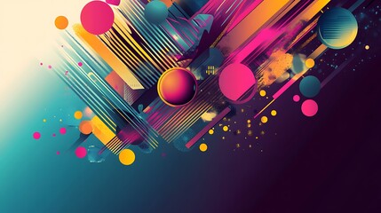 Abstract colorful geometric shapes and lines with vibrant colors on a dark background.