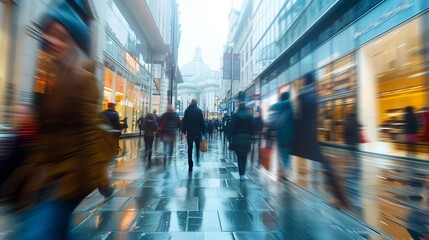 Fototapeta premium Busy Urban Shopping Street with Blurred Motion of People on a Rainy Day