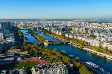 Paris landscape with Seine river, aerial view