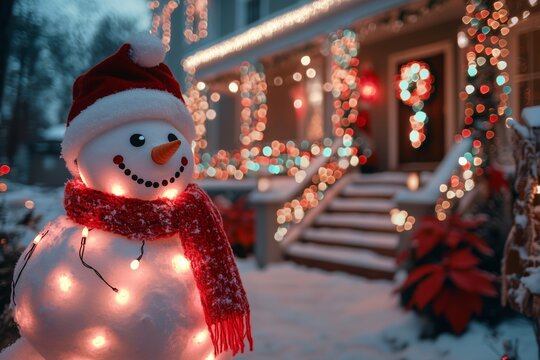 snowman is standing in front of the American mansion decorated with many colorful lights garlands with decorated with Christmas lights in front of the house - Powered by Adobe