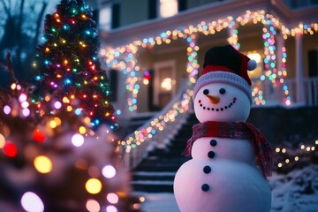 snowman is standing in front of the American mansion decorated with many colorful lights garlands with decorated with Christmas lights in front of the house