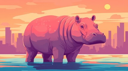 Obraz premium Hippo in water at sunset with city skyline in the background, colorful illustration.