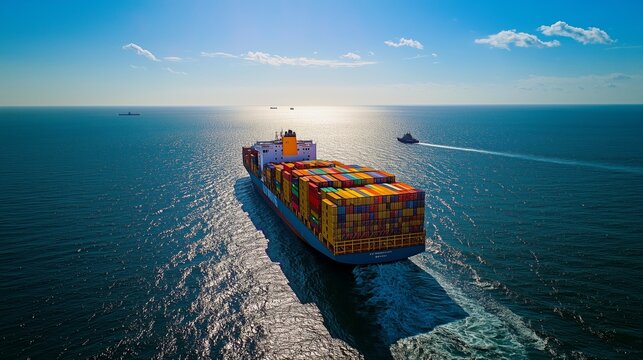 An ULCV sails across the ocean, colorful containers shining in sunlight amid gentle waves and distant ships.