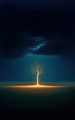 Fototapeta premium Lone tree illuminated against dark stormy sky, dramatic and moody atmosphere.