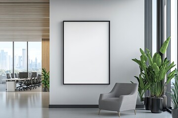 corporate branding identity logo display white blank frame mockup with modern business offices reception background as banner with copy space area mock up.generative ai