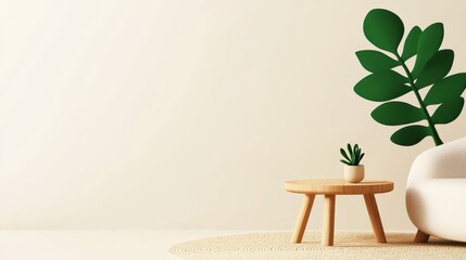 Modern living space featuring plants and a wooden table with a cozy atmosphere.