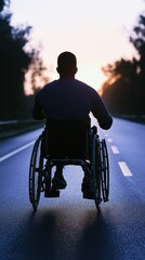 Obraz premium Person in wheelchair enjoying a sunset on a quiet road.