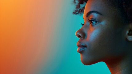 Elegant Profile of a Woman in Colorful Lighting with Vibrant Gradient Background